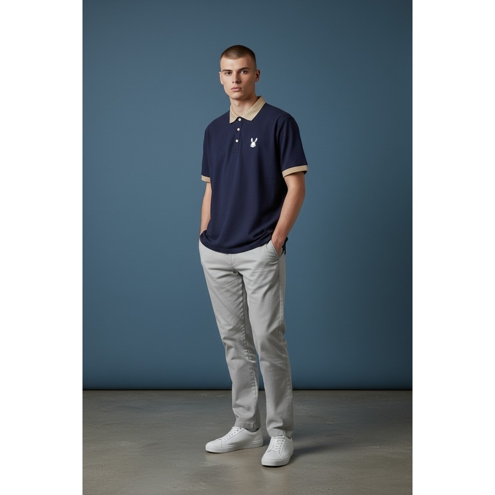 Psycho Bunny Mens Navy Blue Tan Contrast Trim Pique Polo Shirt